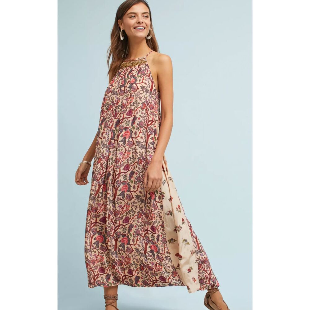 Anthropologie Nikasha Beaded Halter Neck Floral Maxi Dress. Medium
